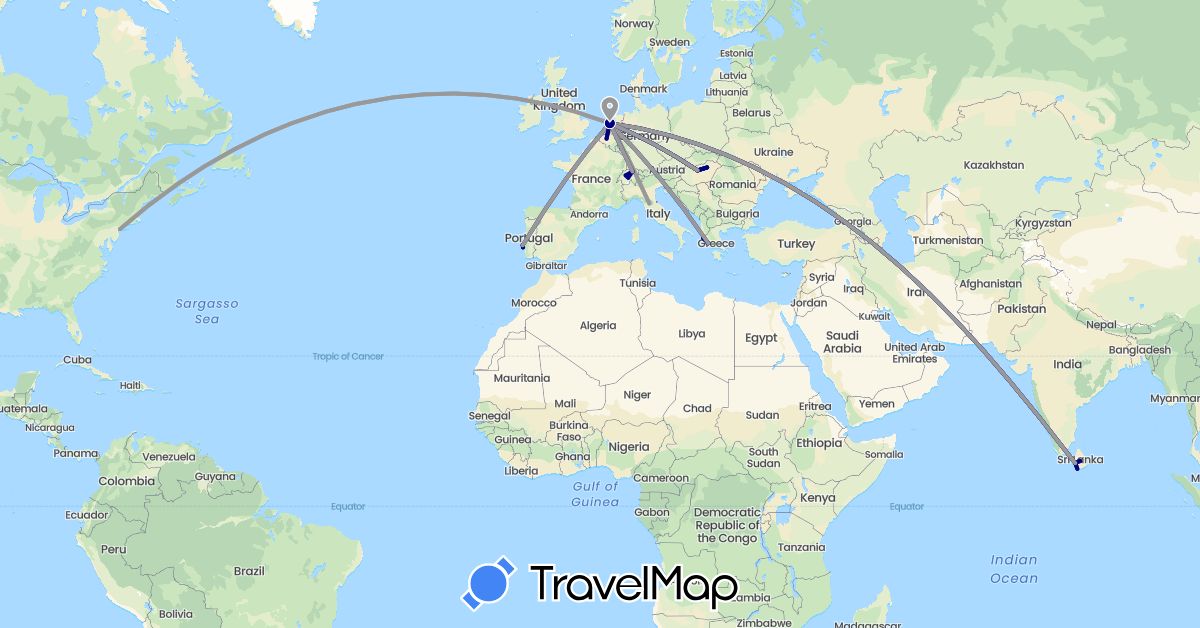TravelMap itinerary: driving, plane in Belgium, Switzerland, Greece, Hungary, Italy, Sri Lanka, Netherlands, Portugal, United States (Asia, Europe, North America)